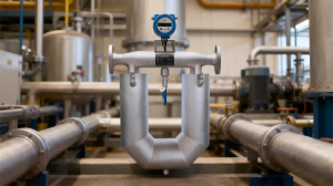 Coriolis mass flow meter measuring chemical fluid in industrial automation