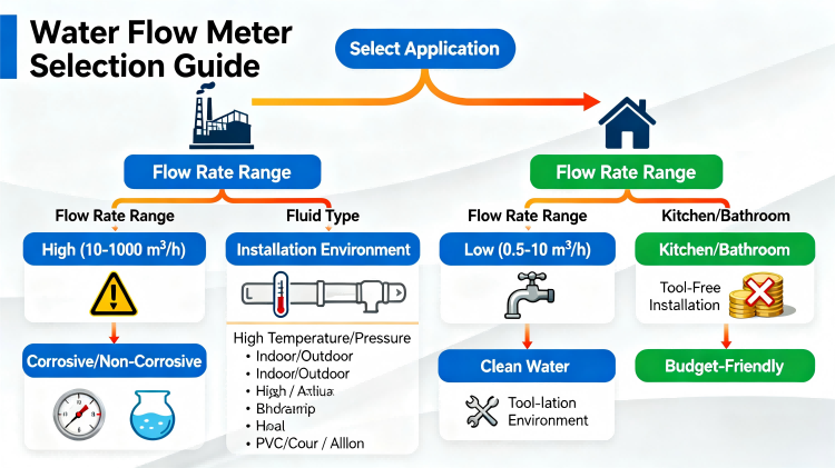 Water Flow Meter Selection Guide Flowchart for Industrial and Home Use