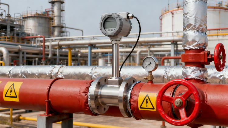 Vortex flow meter installation in industrial gas pipeline