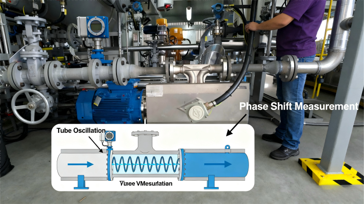 Coriolis mass flow meter working principle diagram showing tube vibration and phase shift