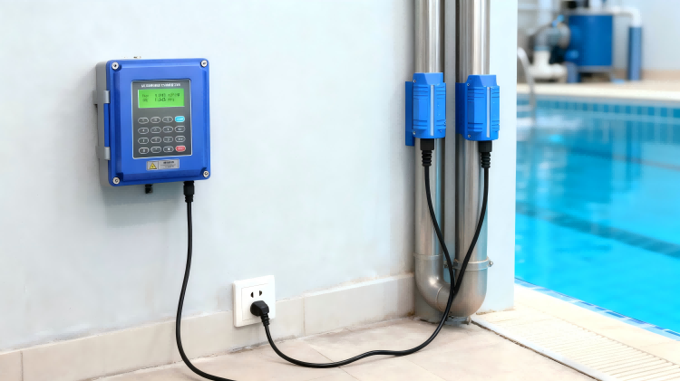 GAIMC GUF120A-W ultrasonic flow meter installed in swimming pool circulation system
