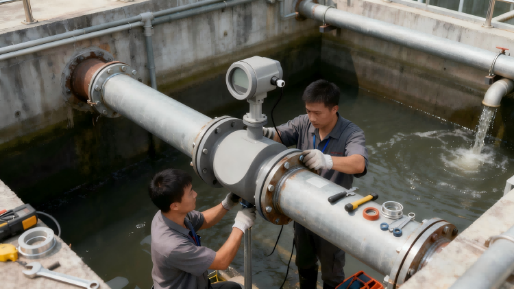 Electromagnetic flow meter installed in wastewater treatment plant