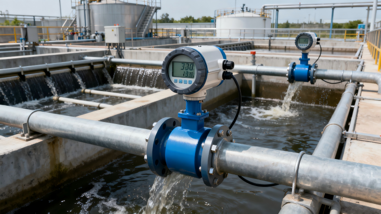 Electromagnetic flow meter installed in wastewater treatment plant