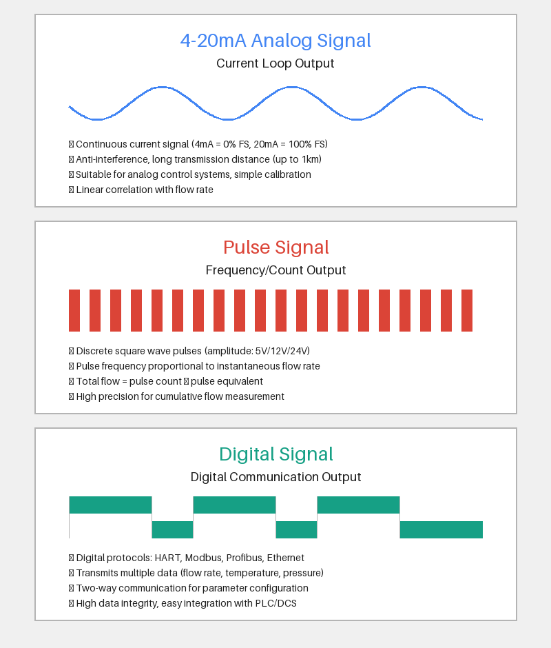 Comparison diagram showing different flow meter output signal types including 4-20mA, pulse, and digital signals