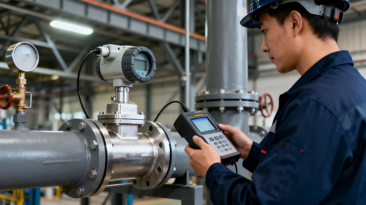 Technician performing flow meter maintenance and calibration