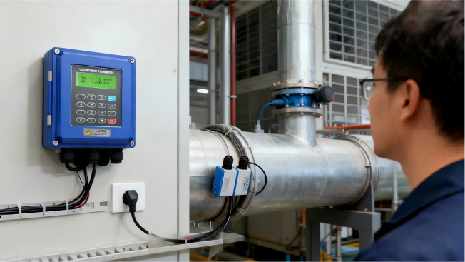 Modern HVAC heat exchange station with ultrasonic flow meters installed on pipelines
