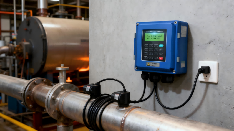 Ultrasonic flow meter with temperature sensors for precise heat energy measurement in HVAC systems