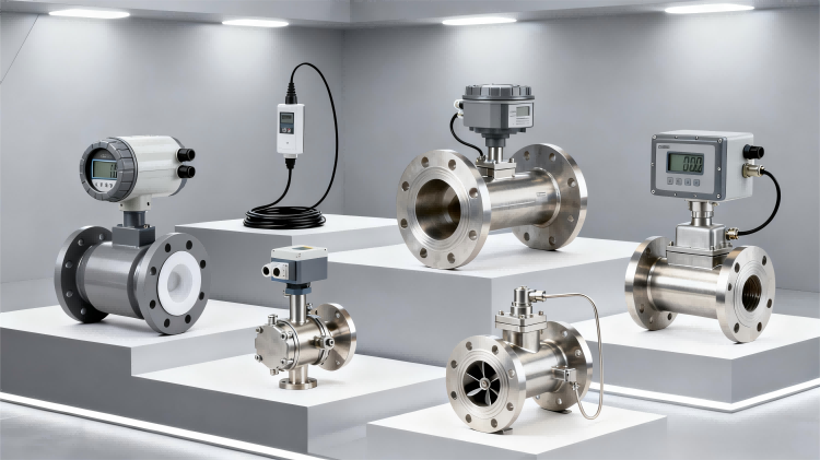 Different types of industrial flow meters including electromagnetic, ultrasonic and Coriolis flow meters
