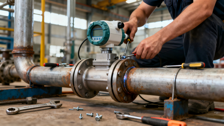 Professional installation of flow meter in industrial pipeline system