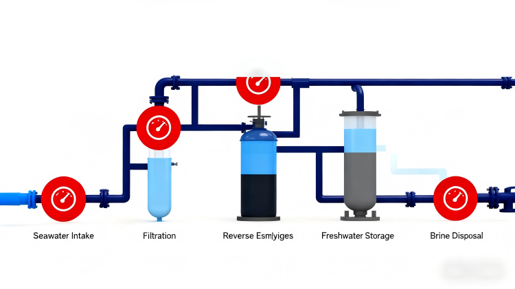 Flow measurement points in seawater desalination process diagram
