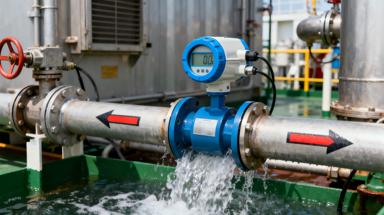 Electromagnetic flow meter installed in ship water cooling system pipeline