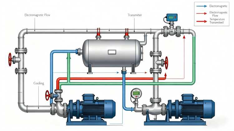 Marine vessel cooling system diagram showing flow meter and temperature transmitter locations