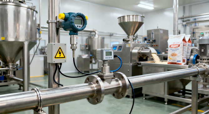 Turbine flow meter and temperature transmitter installation in food processing pipeline