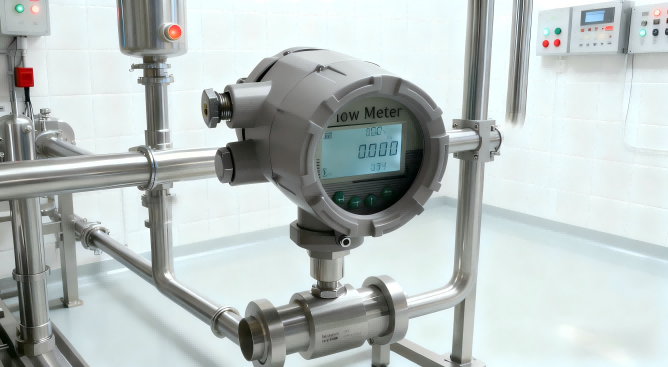 Sanitary turbine flow meter installed in pharmaceutical processing line
