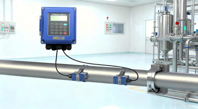 Clamp-on ultrasonic flow meter on pharmaceutical process piping