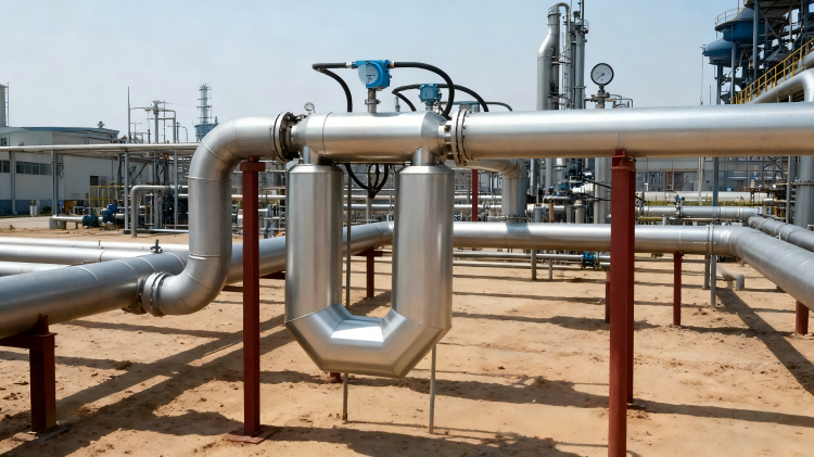 Industrial Coriolis flow meter installation in petroleum transfer pipeline