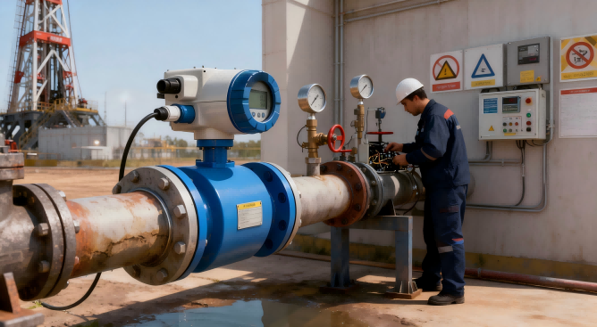 Electromagnetic flow meter installed in oilfield produced water pipeline