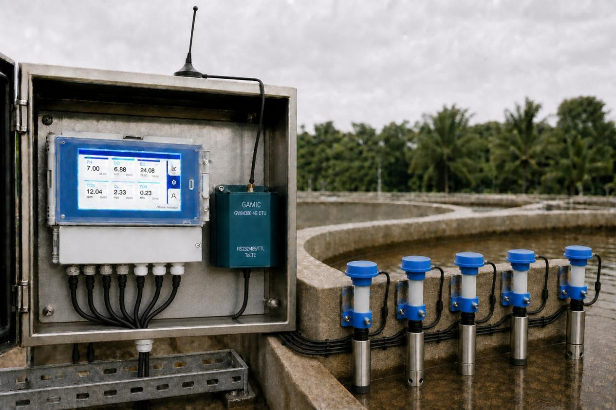On-site installation of GAIMC analyzers: control cabinet, suction-cup 4G antenna and vertical-pipe electrode bracket
