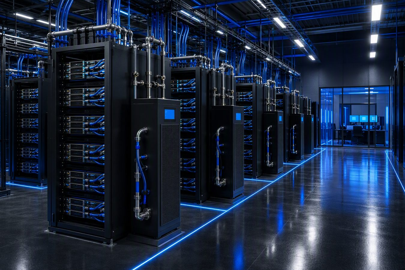 Liquid-cooled GPU server room in an AI computing center with CDU units and coolant piping