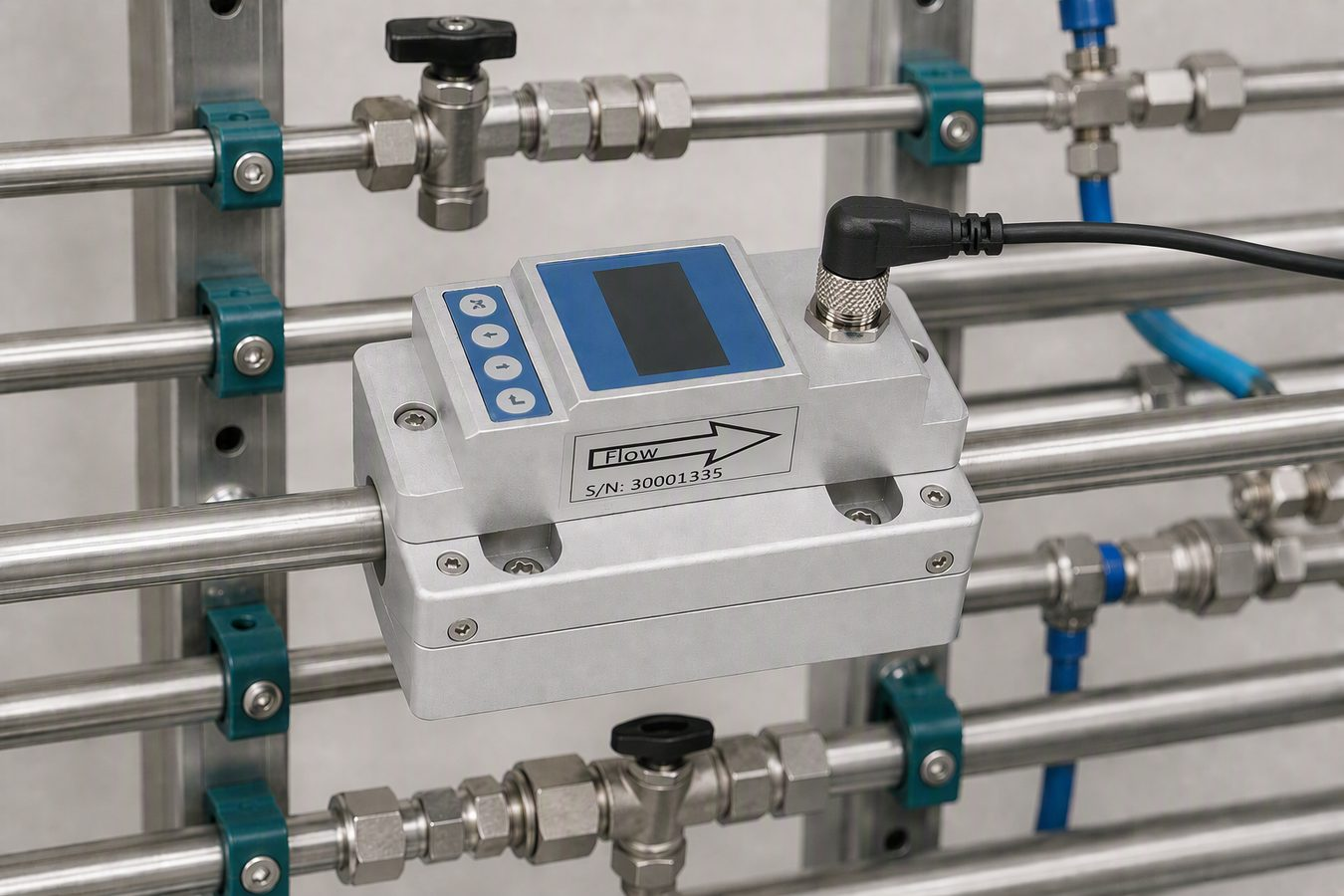 GUF300 clamp-on ultrasonic flow meter installed on stainless steel coolant piping without pipe cutting