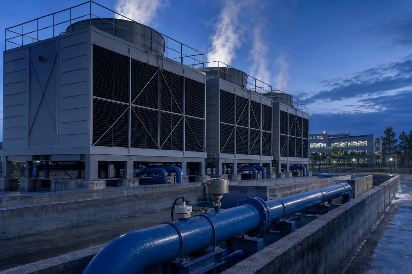 Cooling towers with make-up water flow metering at an AI computing center
