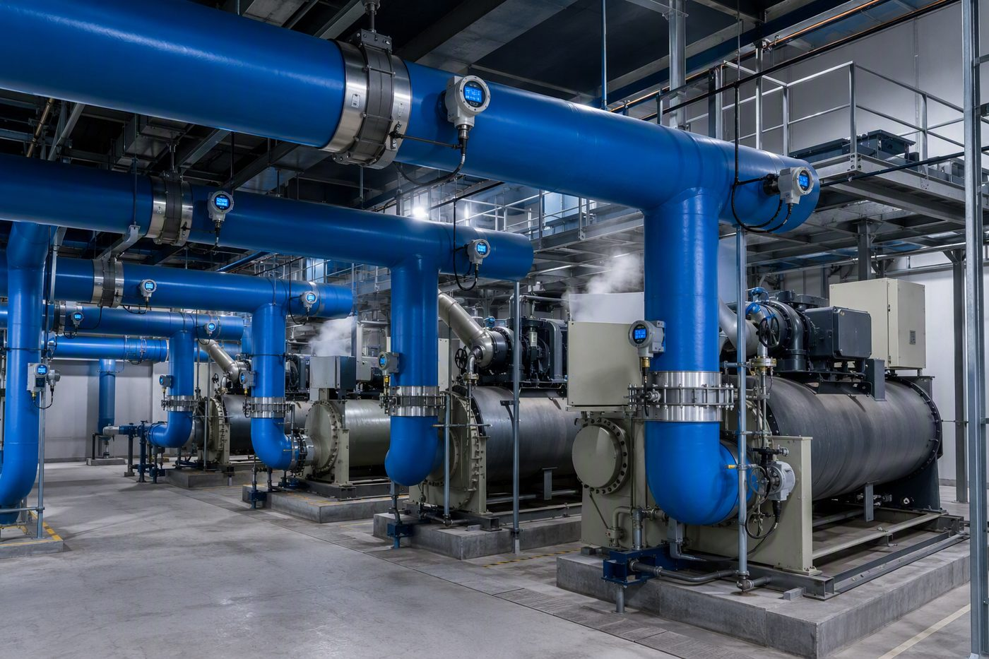 Chiller plant room with flow meters and temperature transmitters on chilled water pipes