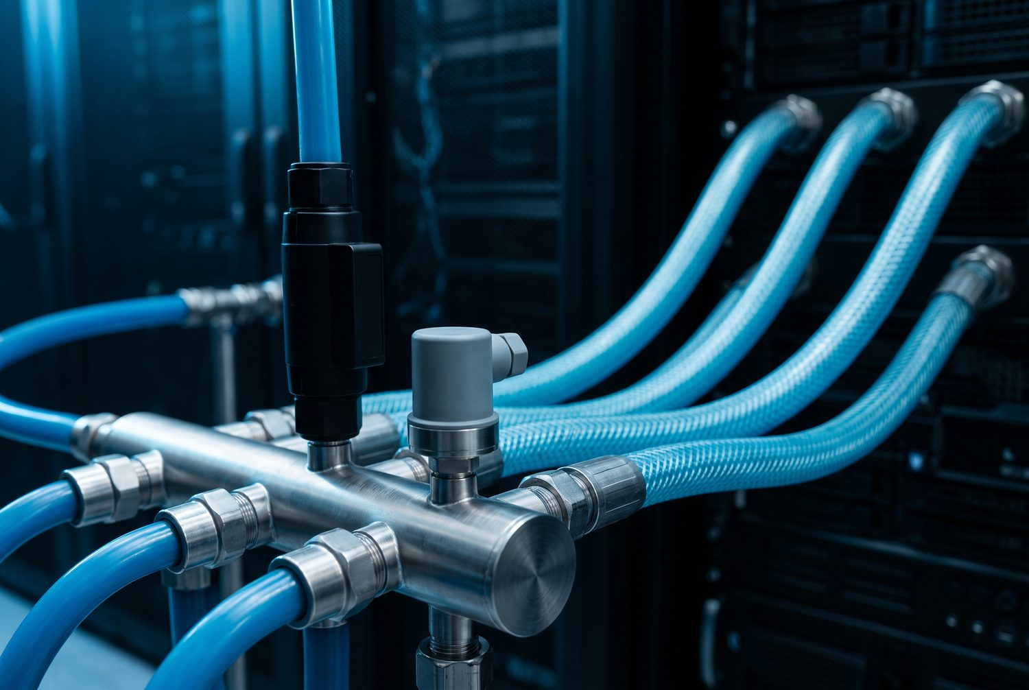 CDU coolant distribution manifold with sensors serving liquid-cooled servers