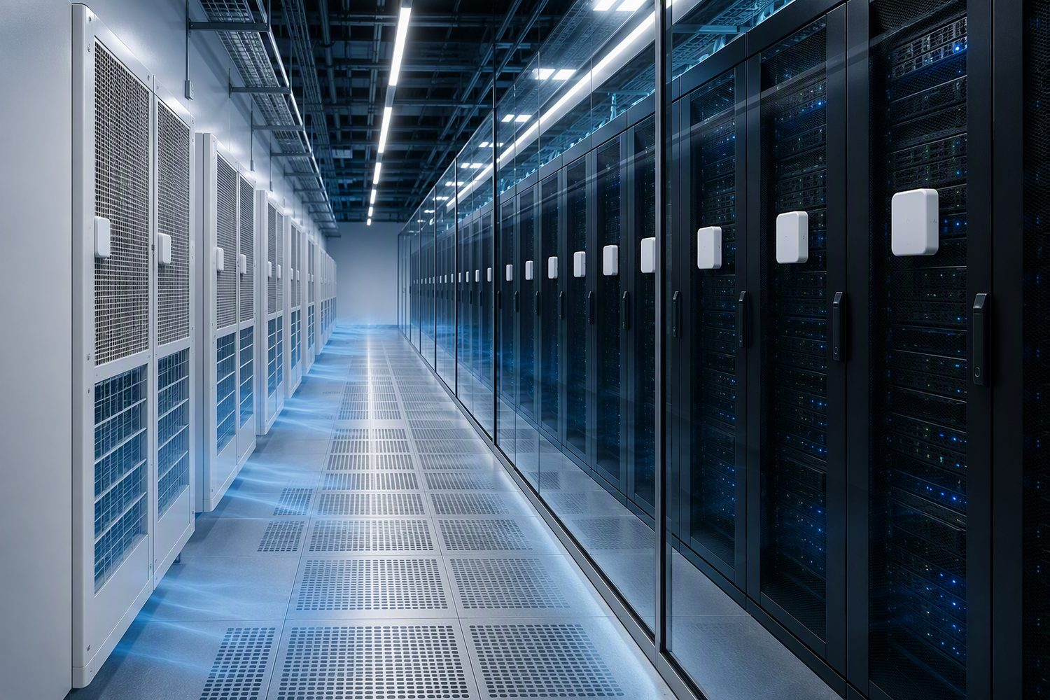 Air-cooled precision data center hall with wall-mounted temperature and humidity transmitters