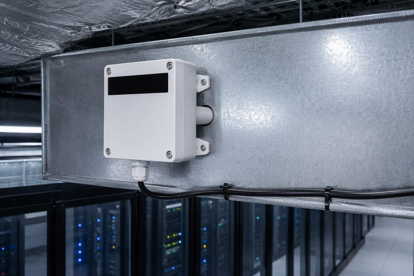 GTHT310 duct-mounted temperature and humidity transmitter installed on data center air duct