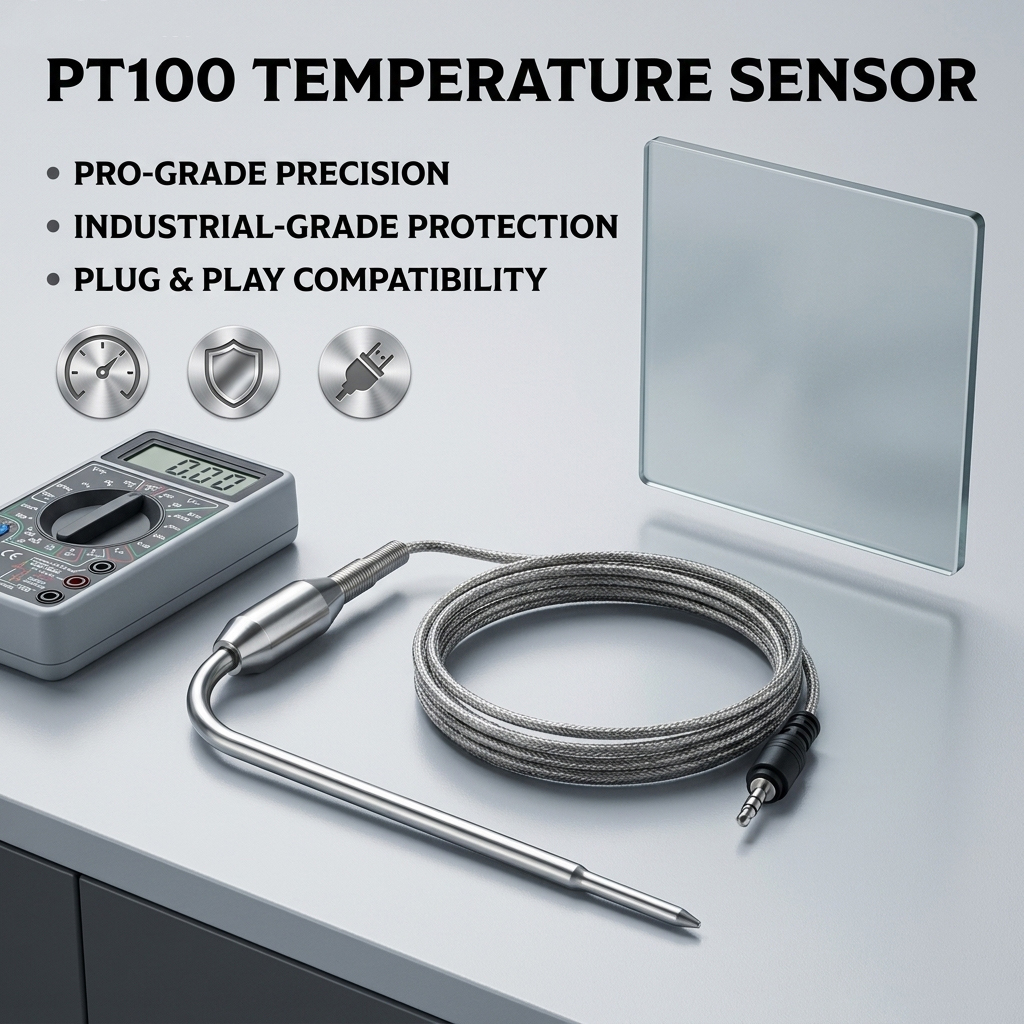 Pt100 BBQ probe connected to a digital multimeter showing 110.0 ohm at room temperature
