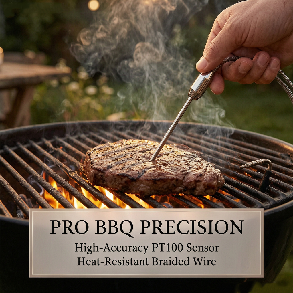 Hand inserting a Pt100 BBQ probe into a steak on a charcoal grill