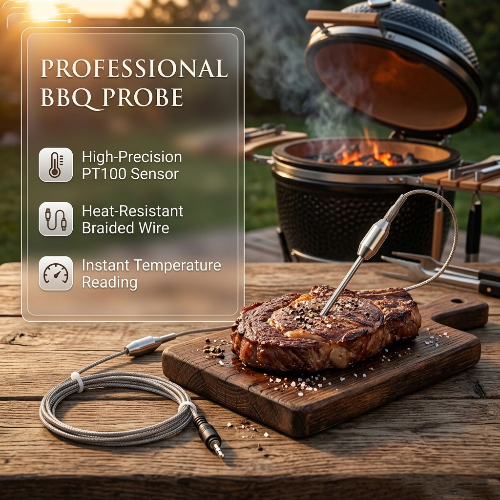 Pt100 BBQ probe and braided cable beside a kamado grill with a reverse-seared steak
