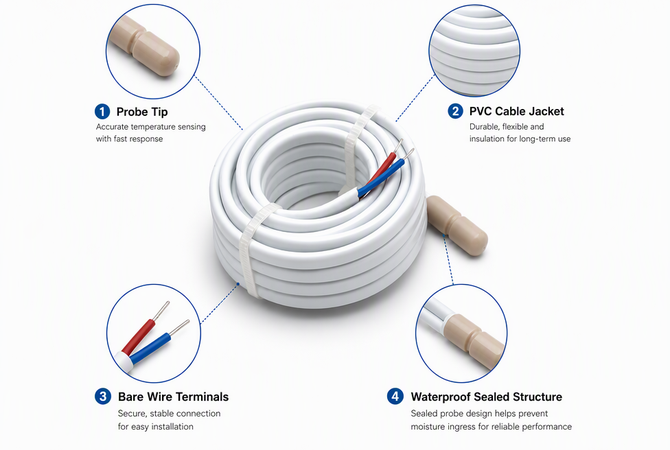 Close-up of NTC floor sensor probe tip, PVC cable jacket, bare wire terminals and waterproof sealed structure