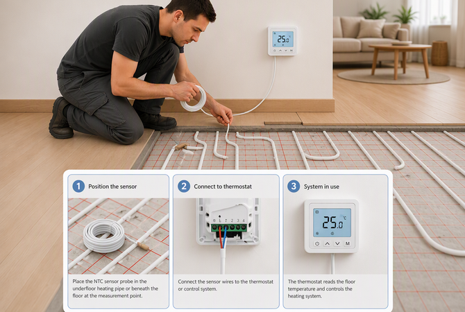 Underfloor heating sensor installation steps: position the sensor, connect to thermostat, system in use